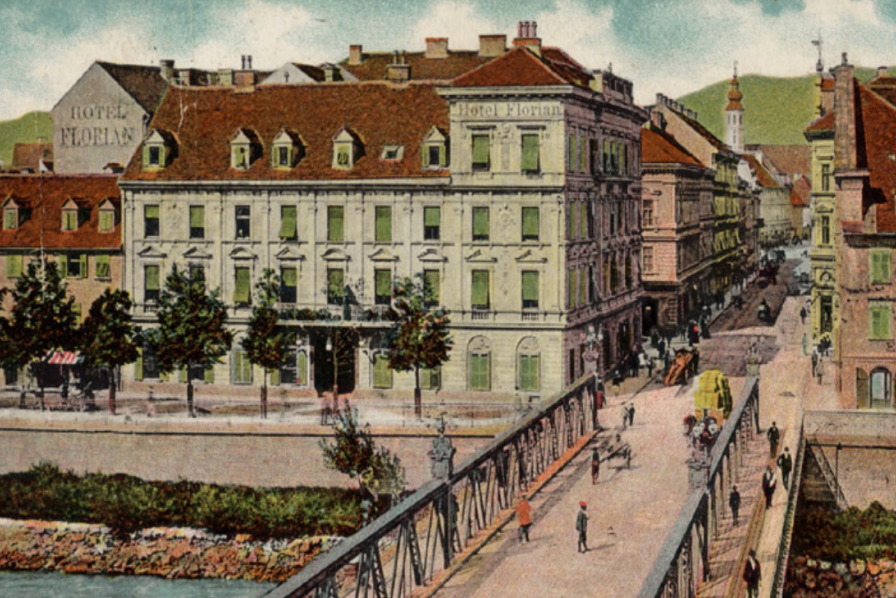 Alte Postkarte des Hotels Florian in Graz, Österreich, mit einer Brücke im Vordergrund.