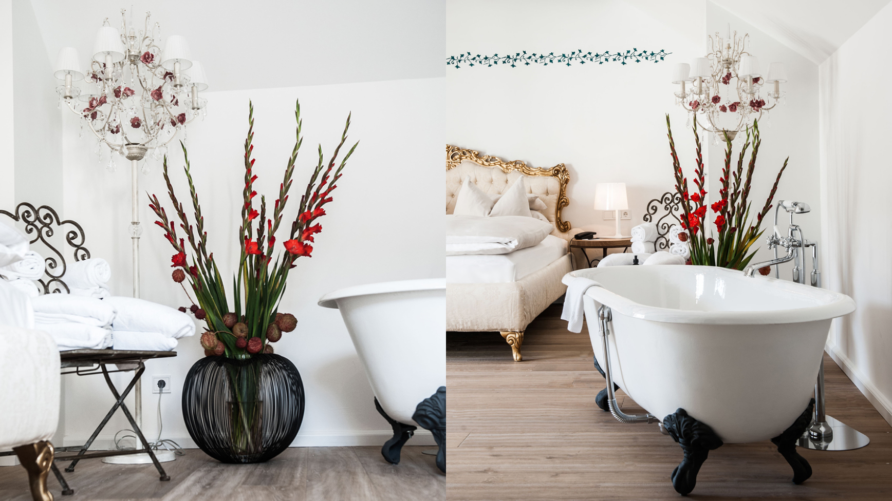 Symmetrisches Bild eines schicken Badezimmers mit einer Badewanne mit Klauenfüßen und Blumen.